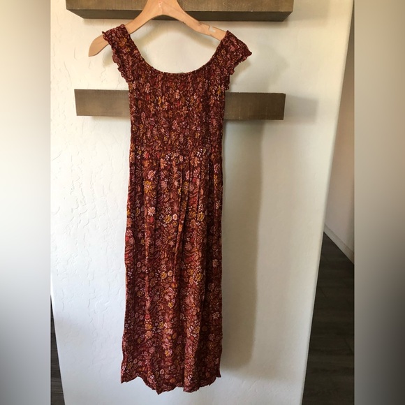 Lark + Grey|Boho burnt orange floral smocked midi dress, size large•••sleeveless - Picture 3 of 10